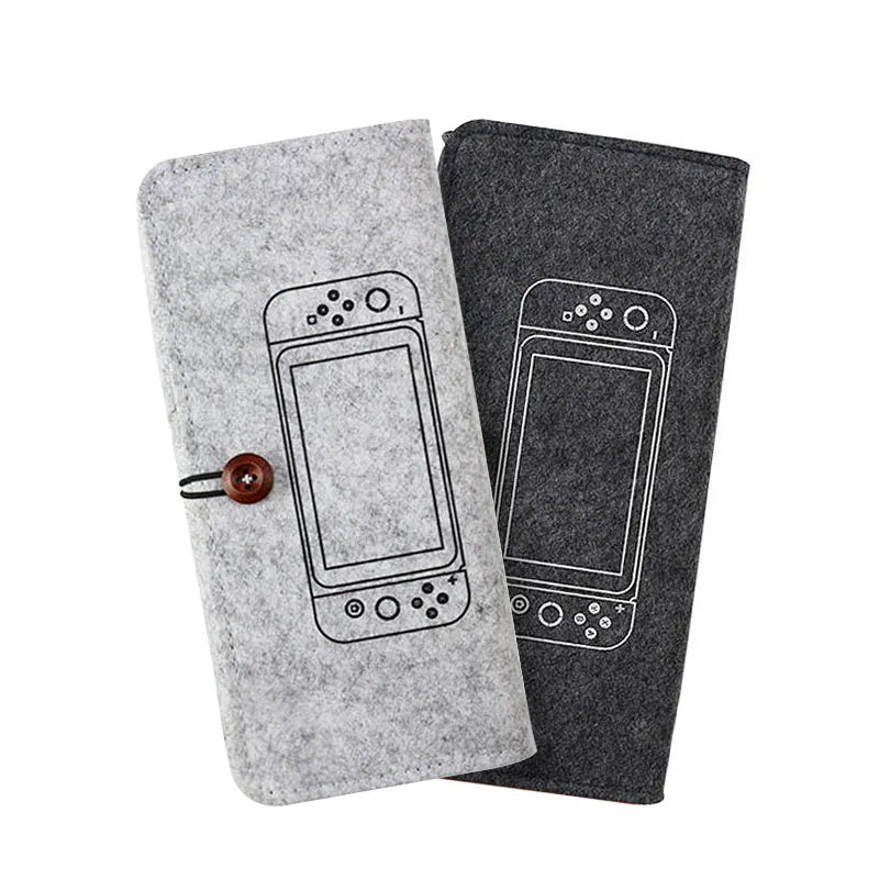 Black felt Nintendo Switch carrying pouch with game card slots and double layer storage design