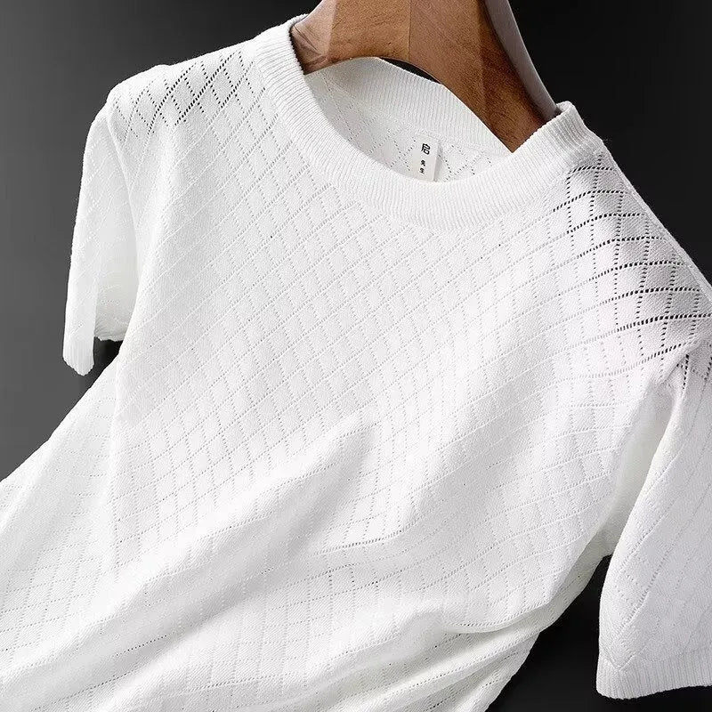 Men's ice silk summer T-shirt in black and white, available in V-neck and round neck styles.