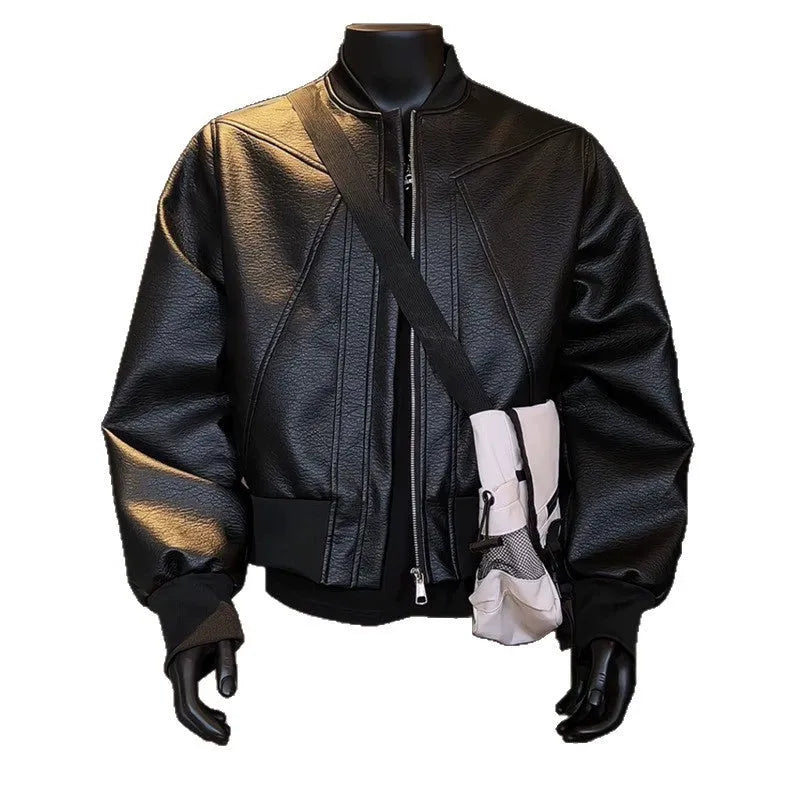 Men's black PU leather jacket with extended 100cm length and litchi grain texture