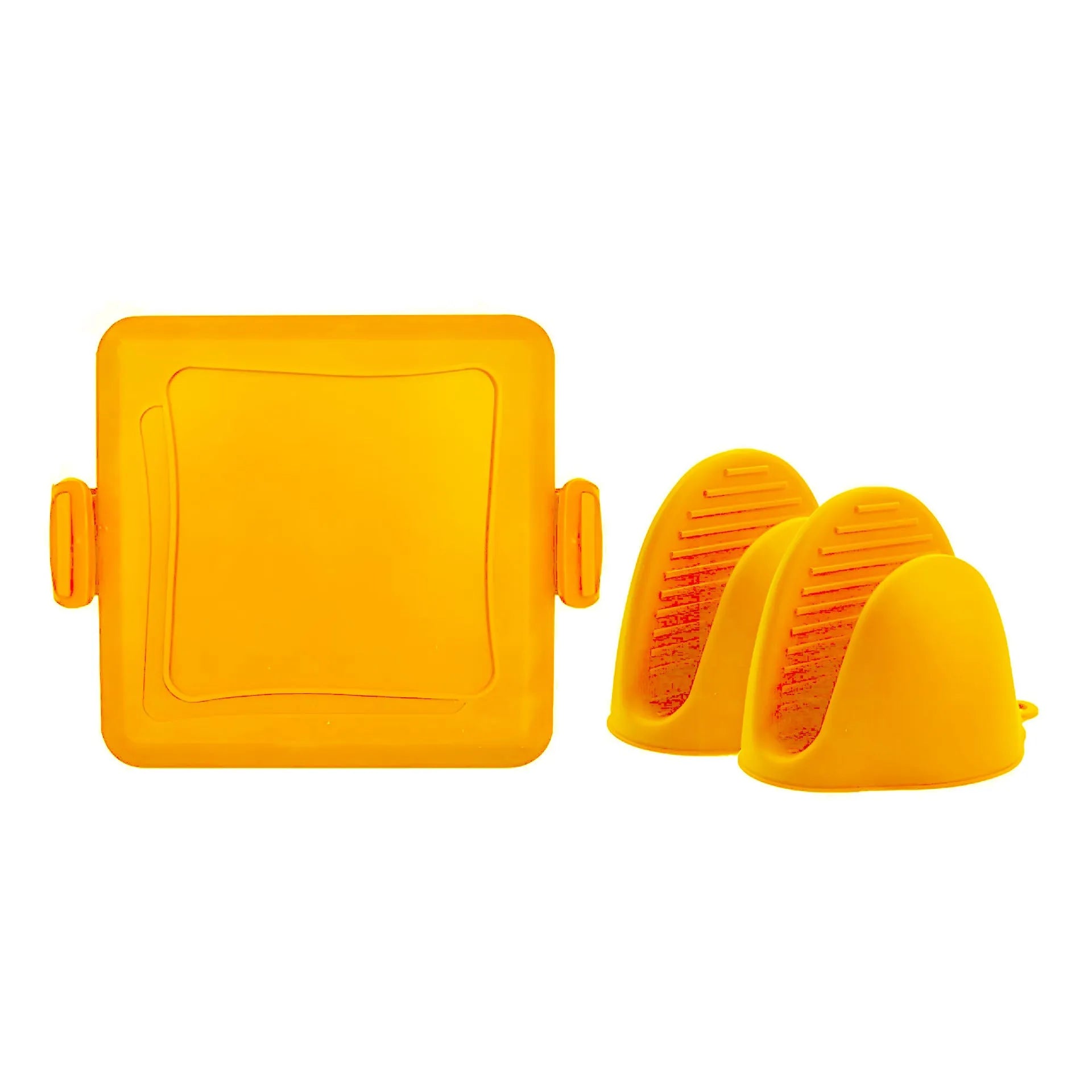 Red silicone baking tray with anti-scald protection and included gloves