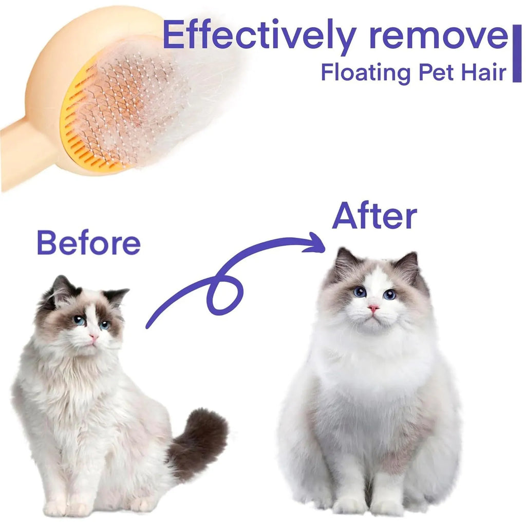 Blue pet grooming brush with angled metal bristles and self-cleaning button for cats and dogs