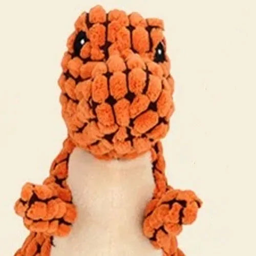 Grey, green and orange dog toys with sound features for bite resistant chewing measuring 35cm