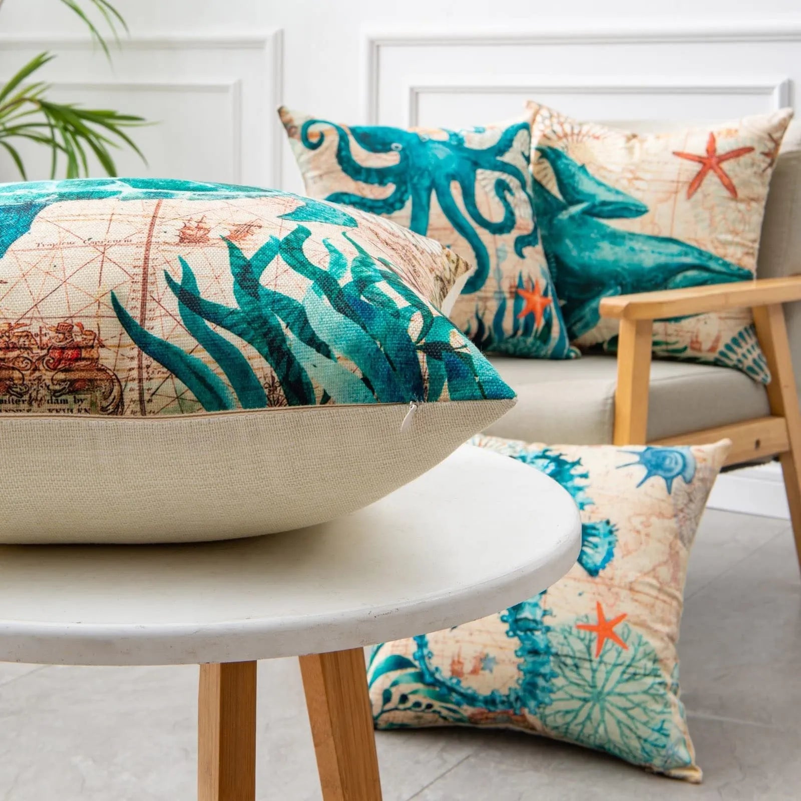 Sea turtle printed linen cushion cover 45x45cm with invisible zipper on sofa