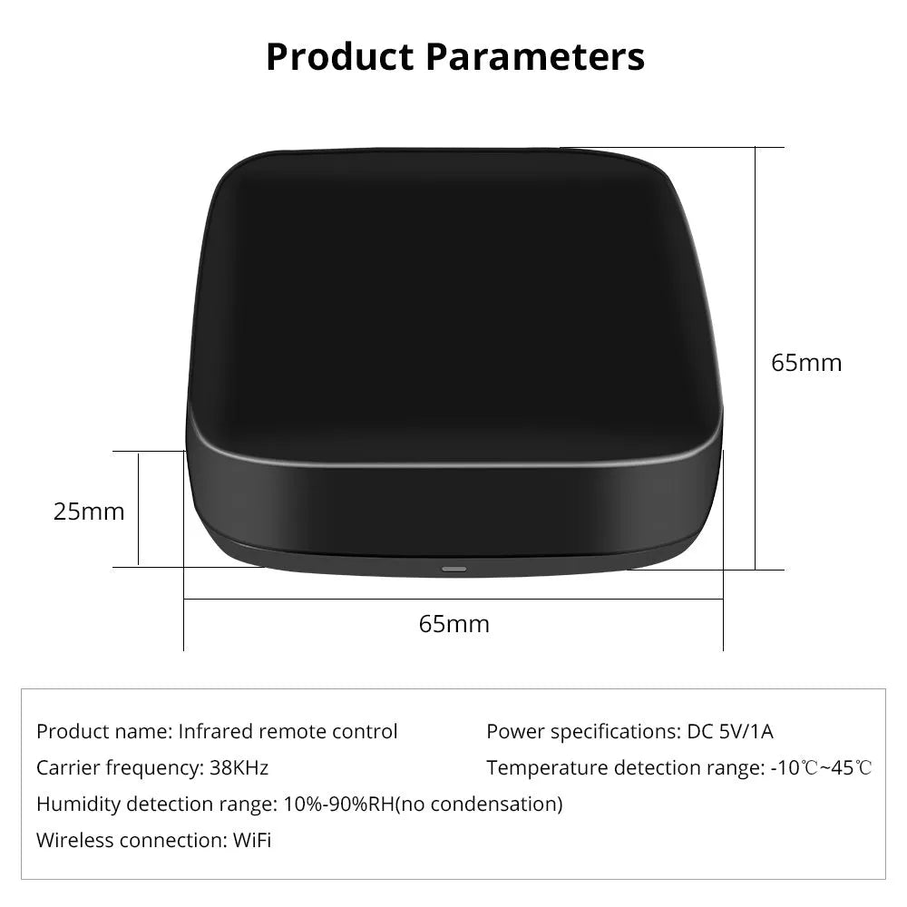Black infrared remote control with voice control capability and environmental sensors