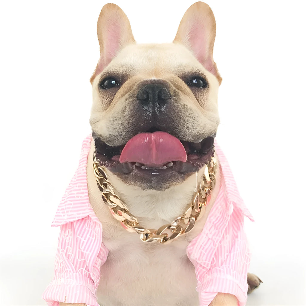 Geometric dog collar ornament with twisted chain buckle in gold, rose gold, and white colours.