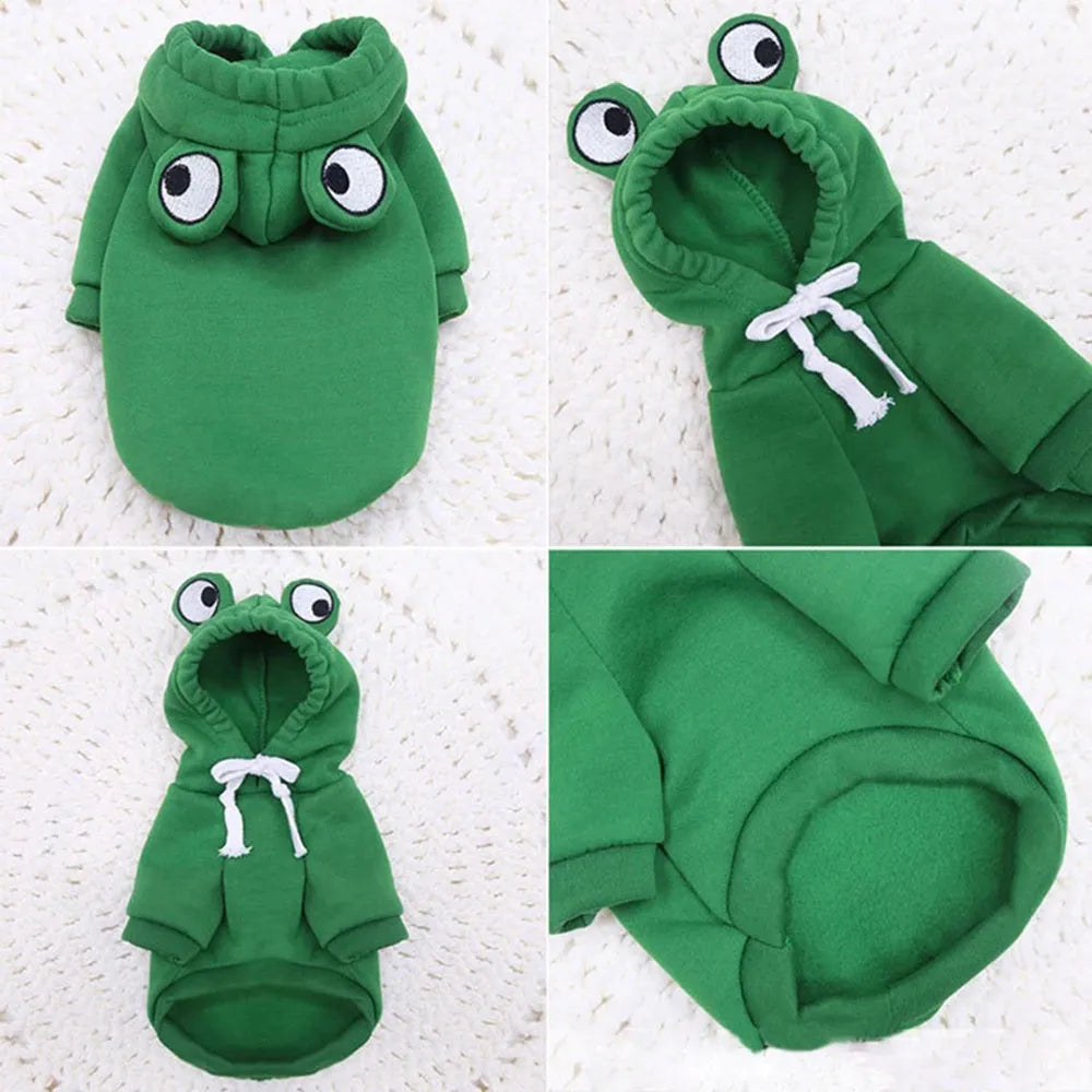 Green frog hoodie for small dogs and cats, lying on surface with front view
