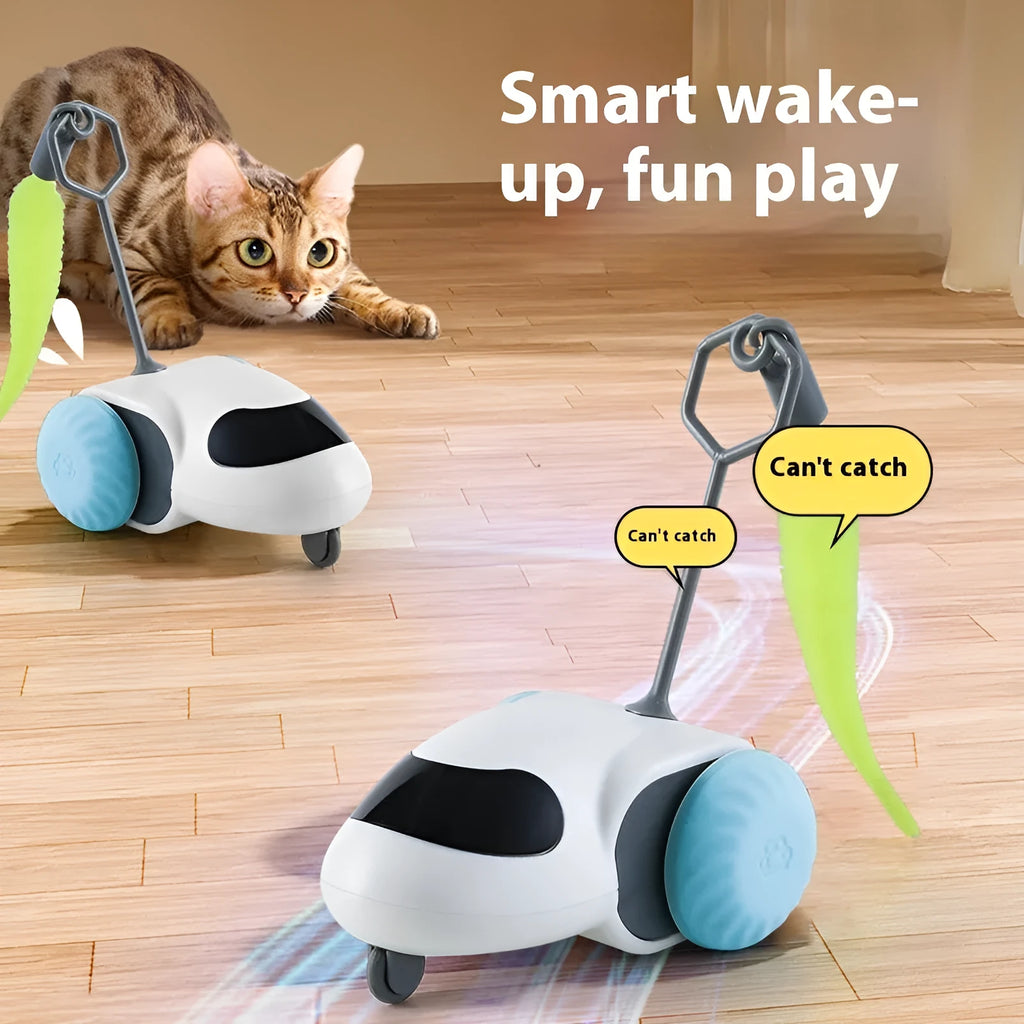 Intelligent running car cat toy in Light Gray Blue on a light floor, 80g ABS electric toy