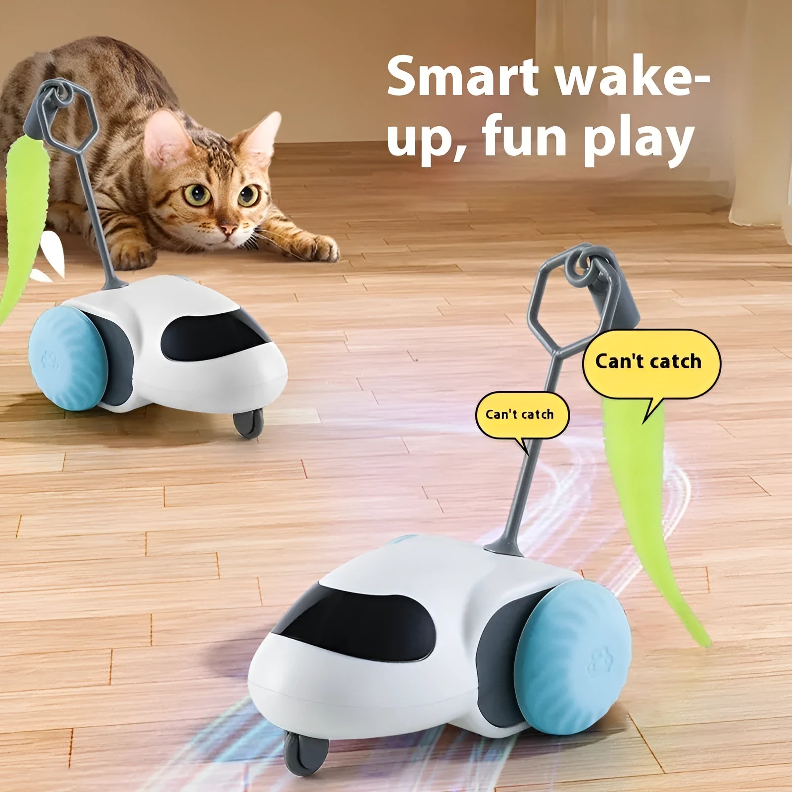 Intelligent running car cat toy in Light Gray Blue on a light floor, 80g ABS electric toy