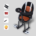Front-mounted high carbon steel child seat for battery scooters in black, red, or white.
