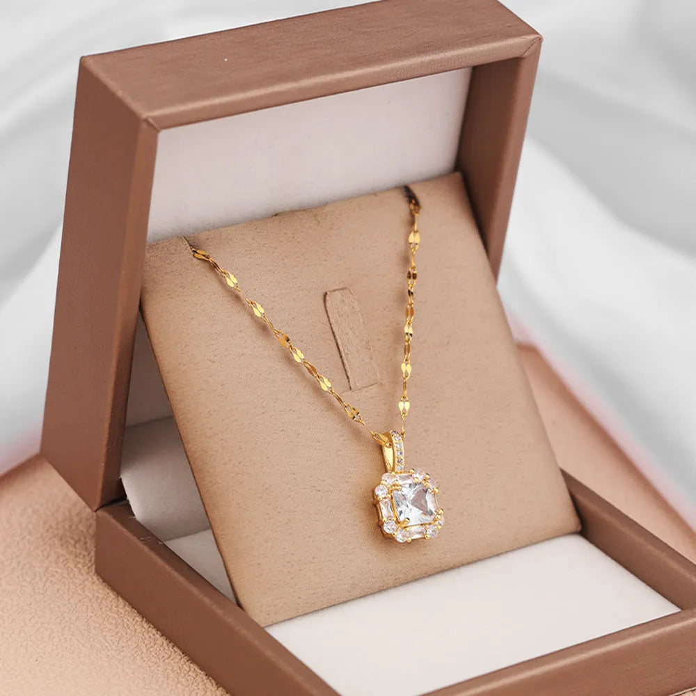 Women's titanium steel clavicle chain necklace with geometric gem-inlaid pendant