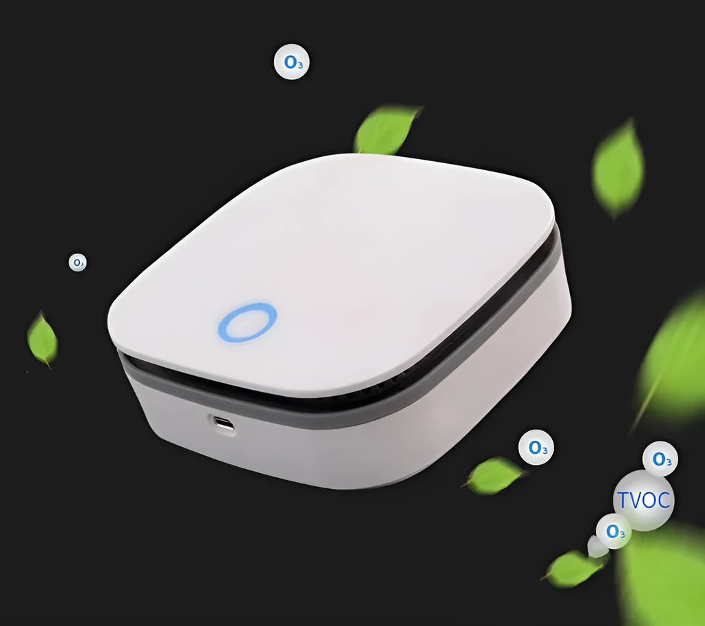White portable USB air purifier for car with negative ion disinfection.