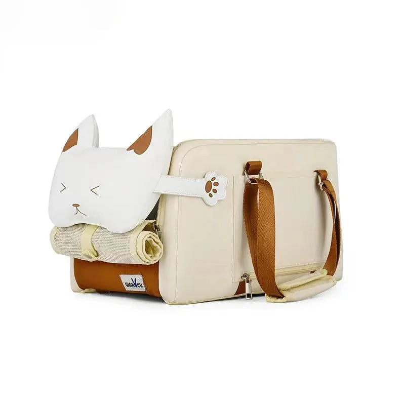 Beige hard shell one-shoulder pet carrier bag for cats under 15kg with EPE padding, size 43x25x22.5cm