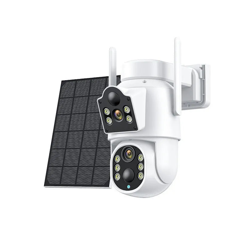 Outdoor solar wireless security camera with solar panel on white background