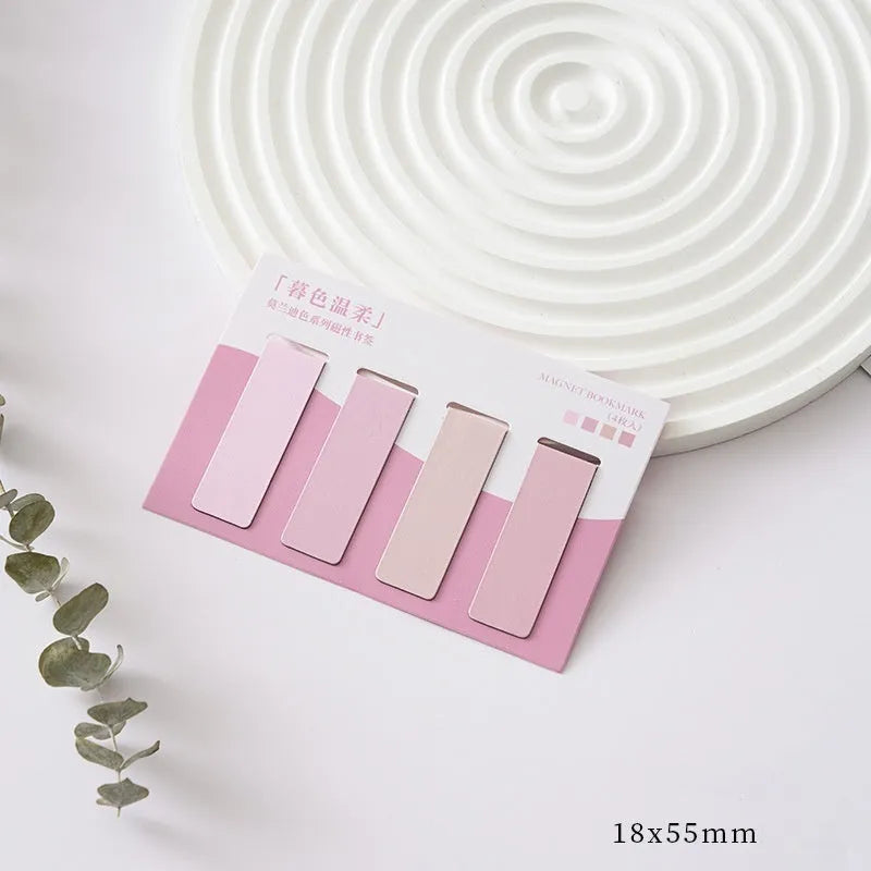 Set of four Morandi colour block magnetic bookmarks showing miniature designs with magnet closure