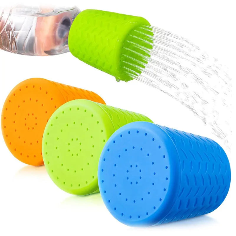 Silicone pet shower head in blue, green, and orange colours for portable dog and cat bathing