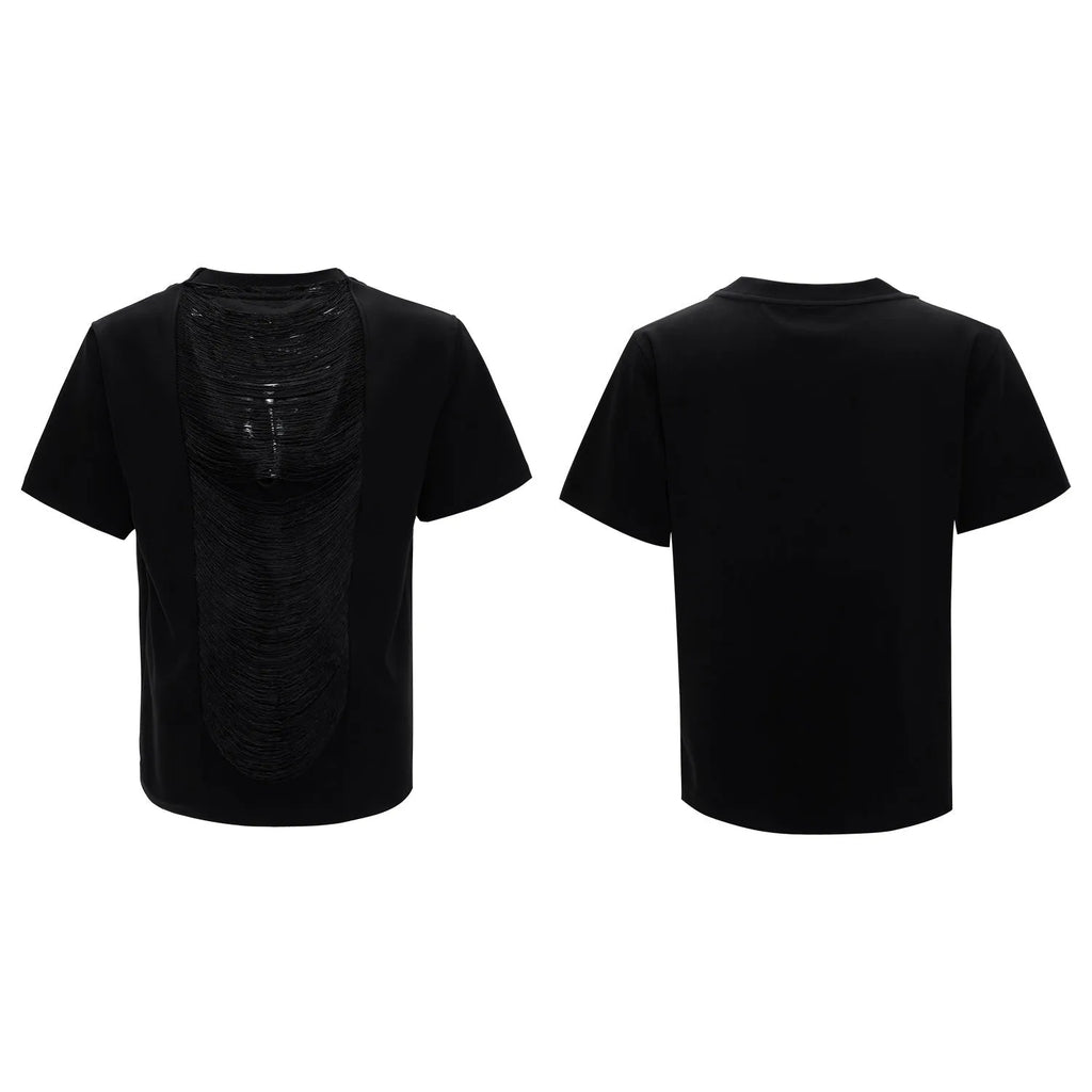 Men's black loose fit T-shirt with hollow out V-neck design and short sleeves