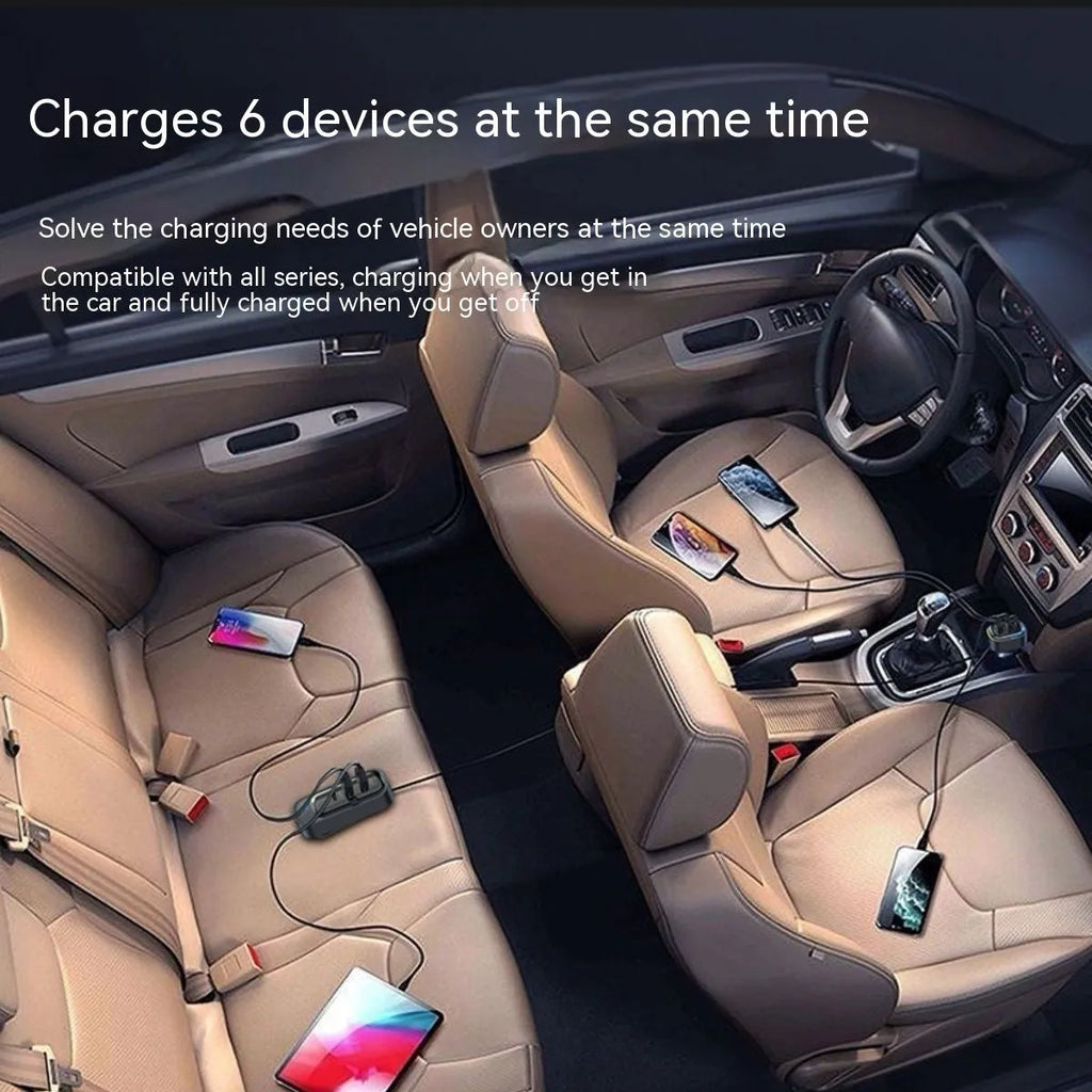 Car charger with retractable cable plugged into vehicle cigarette lighter socket