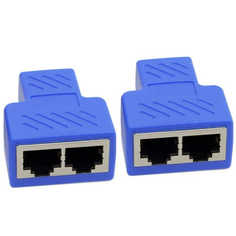 RJ45 network cable splitter adapter in multiple colours, showing one male and two female ports.
