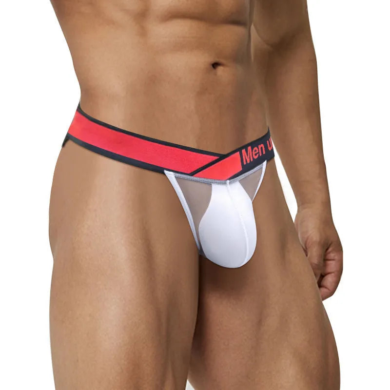 Men's red transparent ice silk breathable underwear briefs with large V gradient high fork design on white background