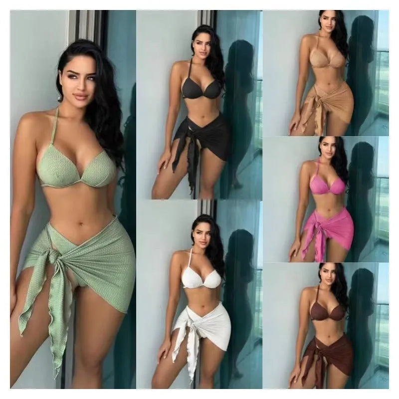 Women's black sexy Russian split three-piece swimsuit set with bikini top, panties, and skirt.