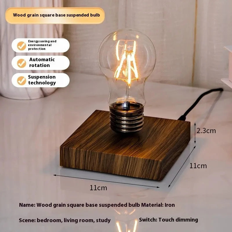 Iron art suspension bulb night lamp on wood grain base with compact 11cm dimensions