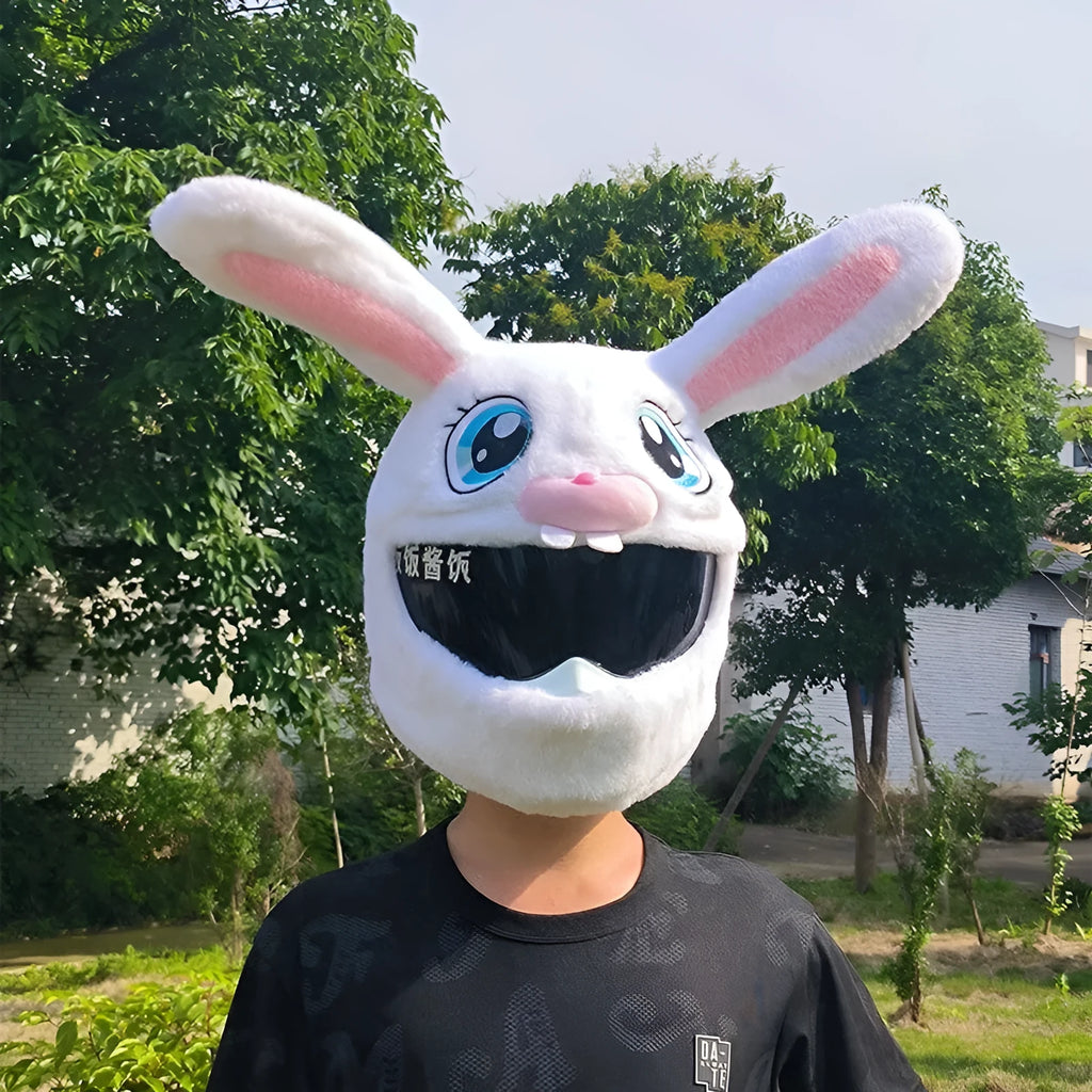 White rabbit head decorative cover for electric motorcycle helmet with plush fabric and long ear design