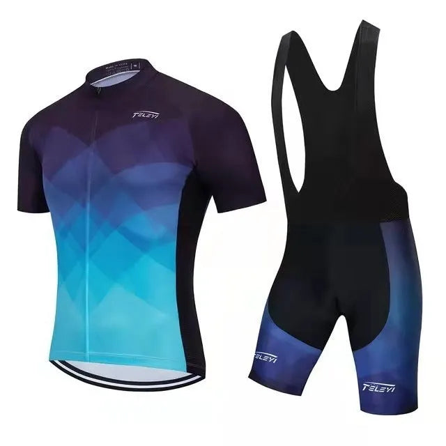 Cycling jersey and shorts set for men and women on a summer bike ride.