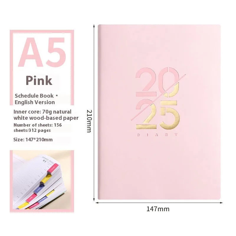 A5 2025 daily schedule book with faux leather cover in blue colour, open to show lined pages and thread binding.