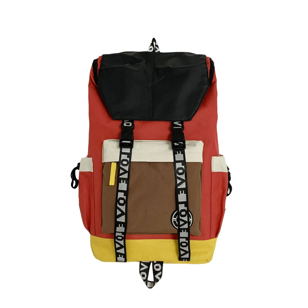 Oxford cloth student backpack showing three carrying methods in black, green and red colour options