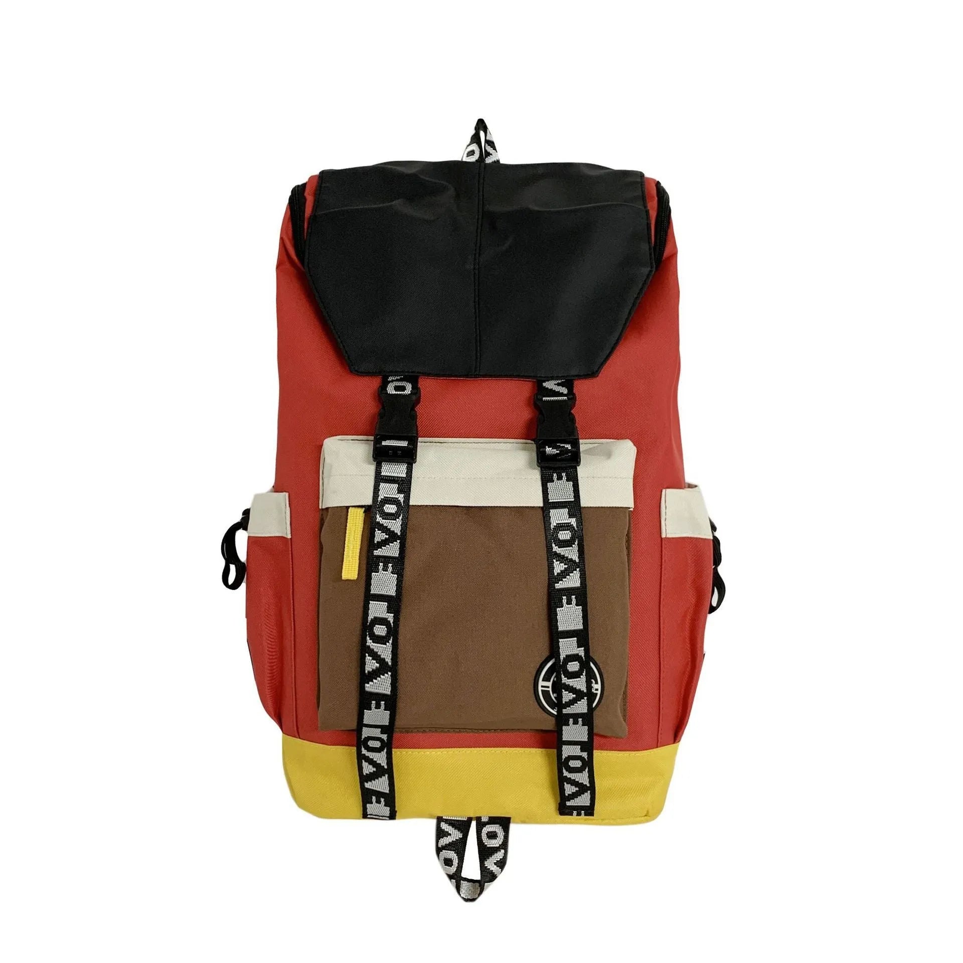 Oxford cloth student backpack showing three carrying methods in black, green and red colour options