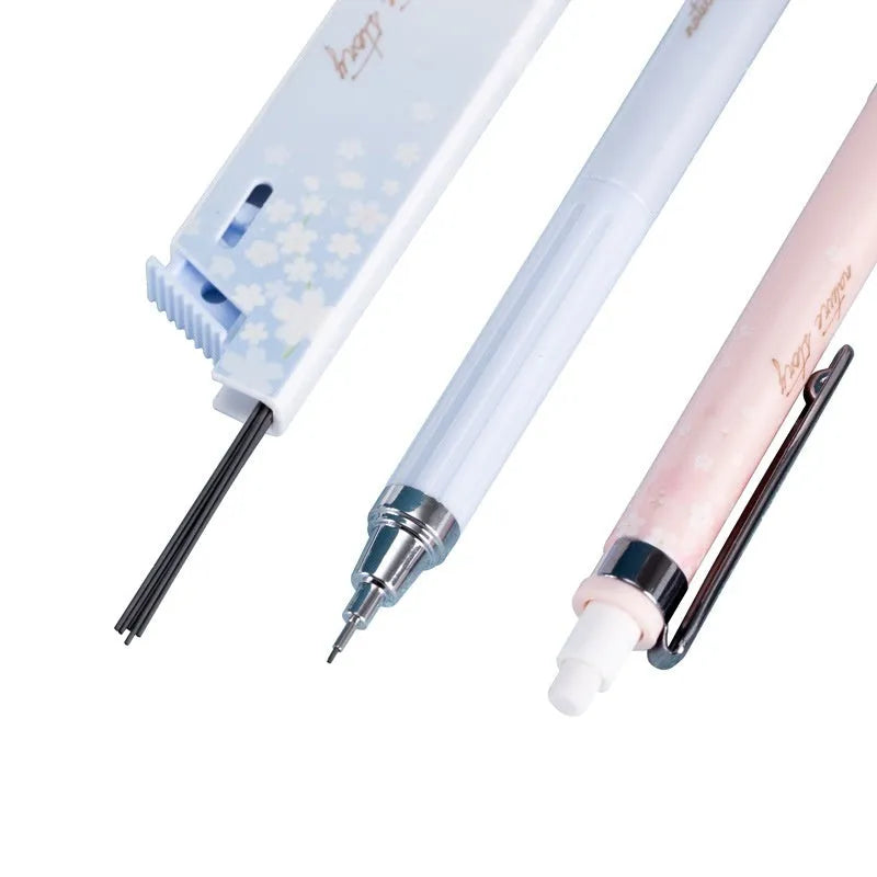Set of three cartoon-style 0.5mm automatic pencils and boxes of HB lead refills.