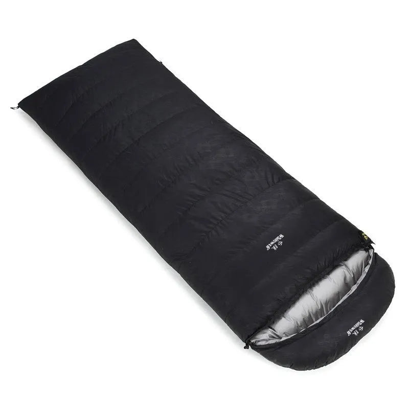 Black adult down sleeping bag with white goose down filling and tear-resistant nylon construction