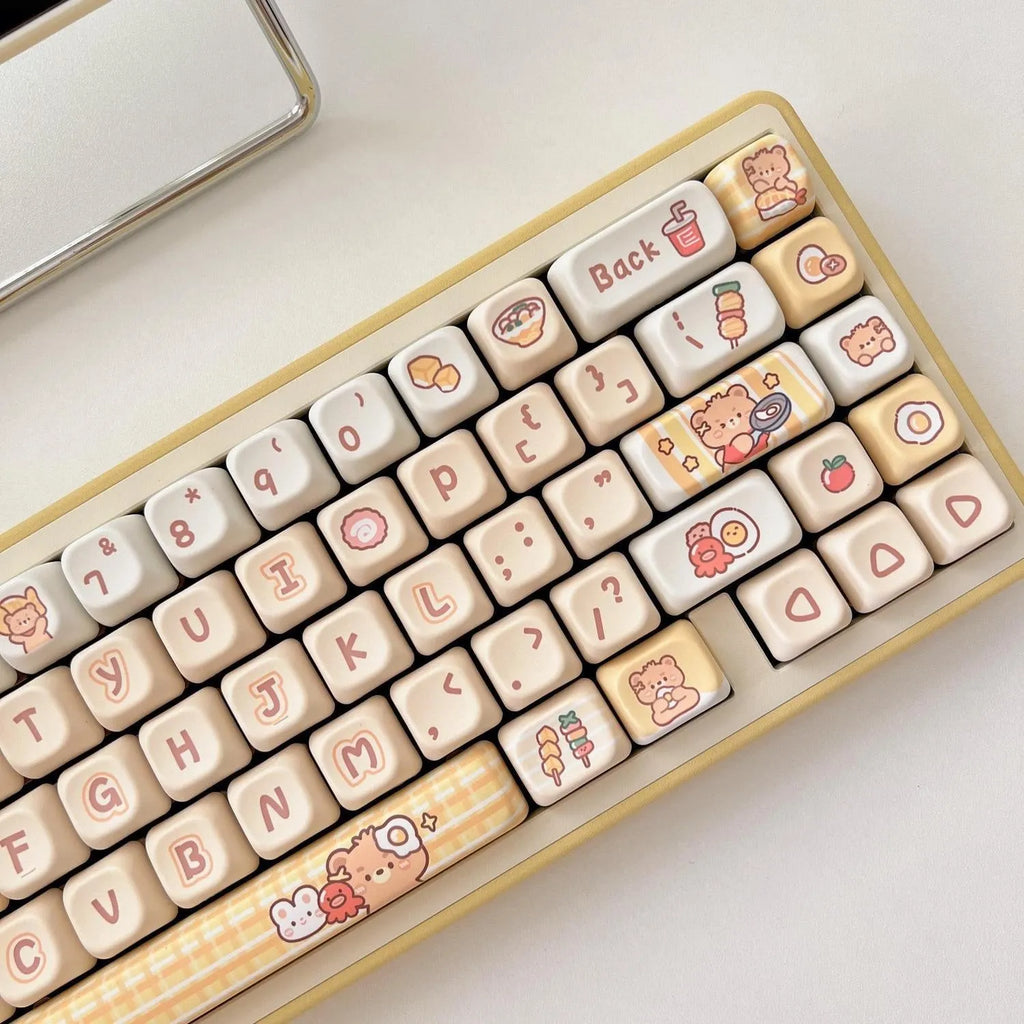 140 PBT plastic keycaps with Rabbit Bear Restaurant designs and EOA height profile for mechanical keyboards