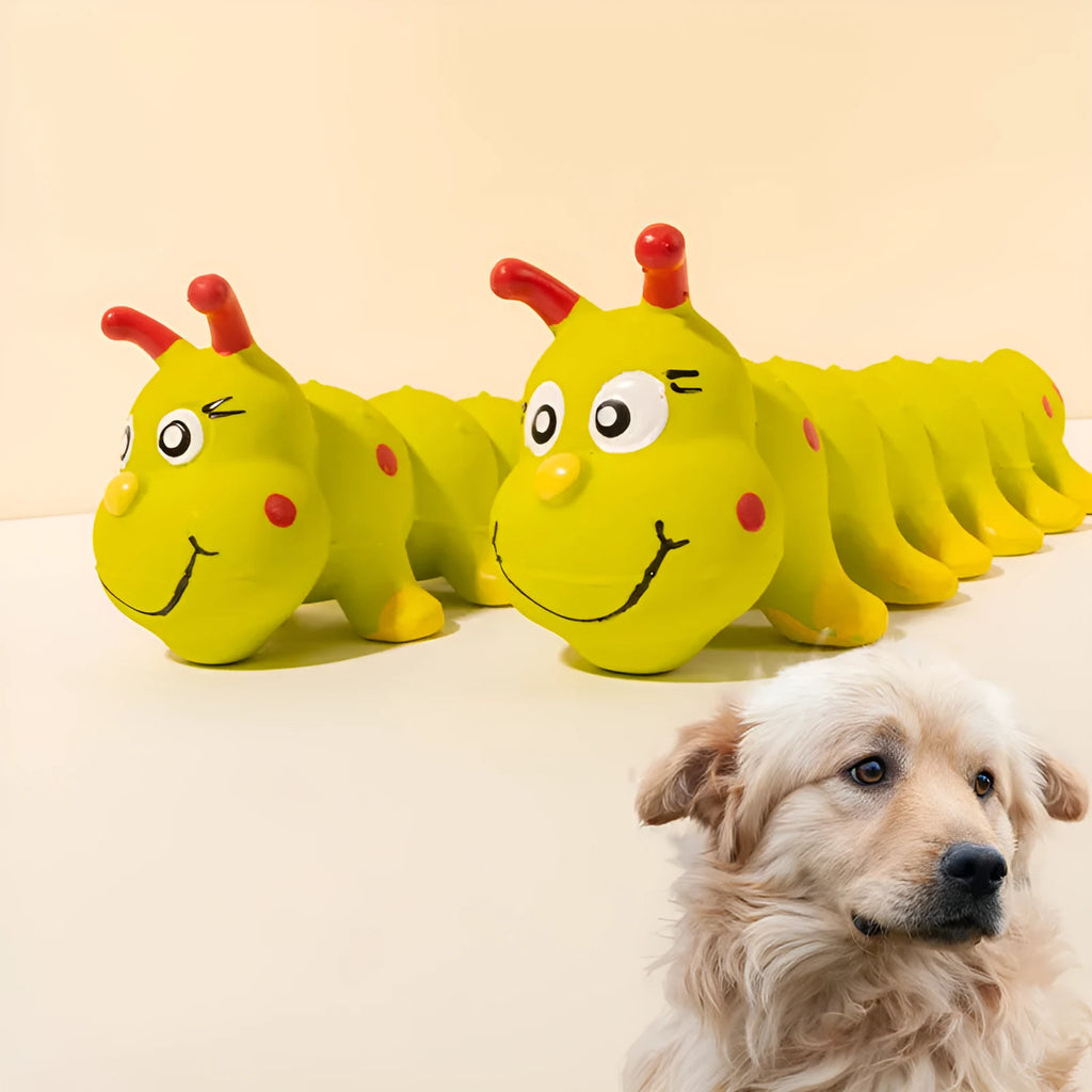 Yellow caterpillar rubber squeaky dog toy 25.5x9cm for small medium dogs