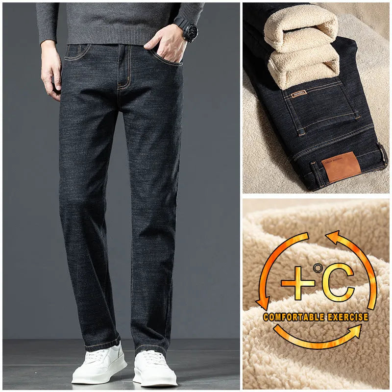 Men's loose straight fleece-lined jeans in black, mid-rise, zipper fly, winter wear
