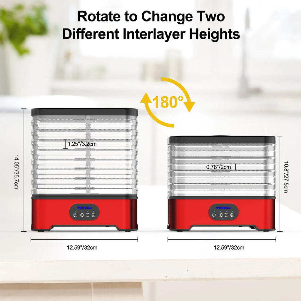 Silver and red household food dehydrator with eight stacking trays showing compact and expanded sizes.