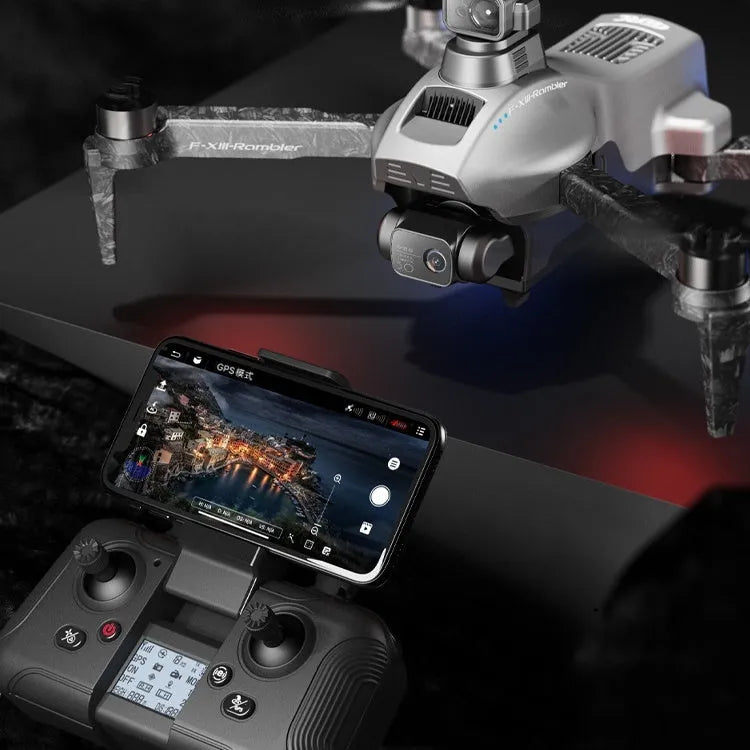 White folding quadcopter drone with camera, remote control, shoulder bag, and flight batteries on a neutral background.