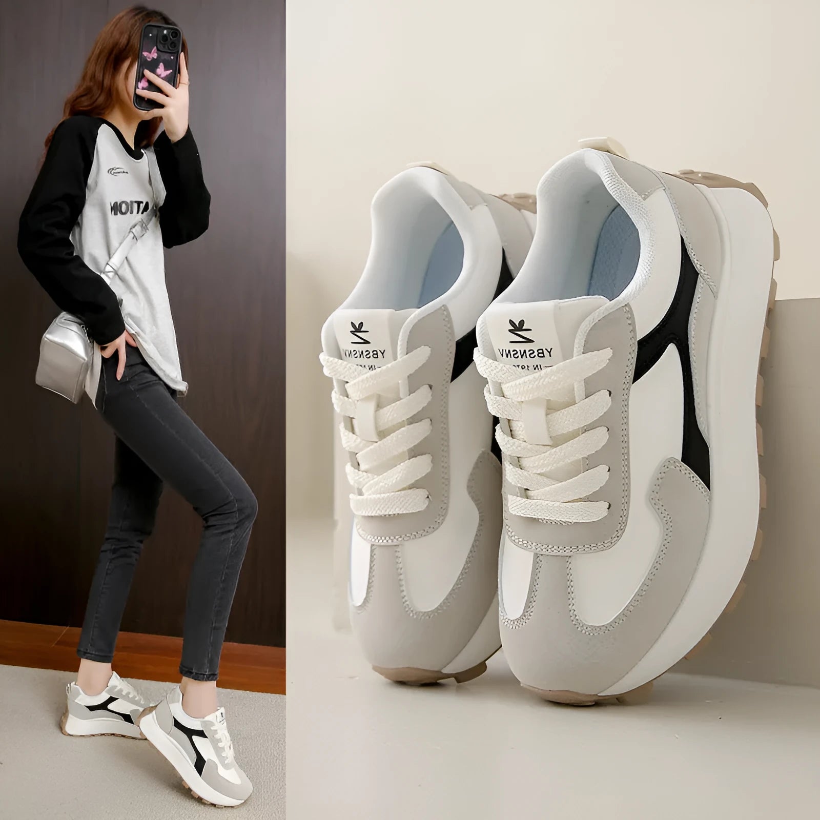 Women's low-top platform sneakers in Card Black with a flat rubber sole and front lace-up closure.