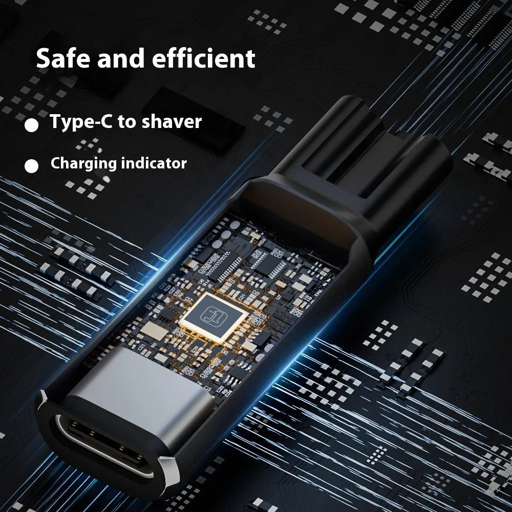 USB-C charging adapter for electric shavers with aluminium alloy housing in black and grey options