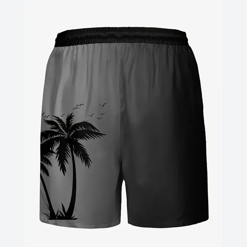 Man wearing loose grey polyester beach shorts on sand, showing casual fit.