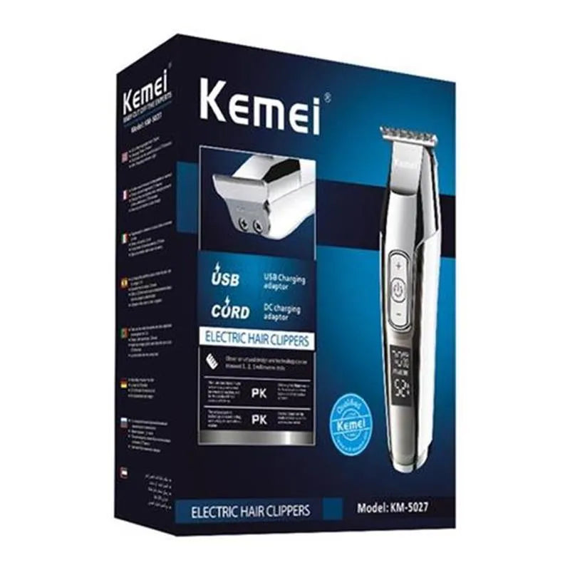 Rechargeable barber scissors with LCD display and stainless steel cutting blades, model KM-5027