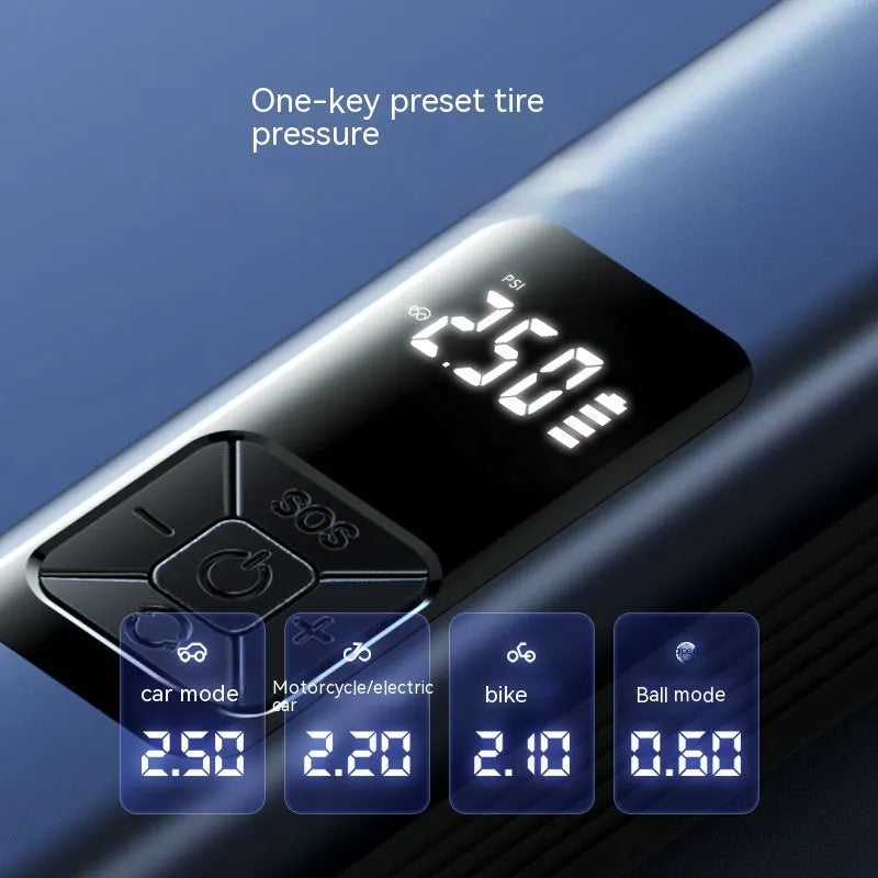 Wireless digital display car air pump and vacuum cleaner with four functions including tyre inflation and cleaning
