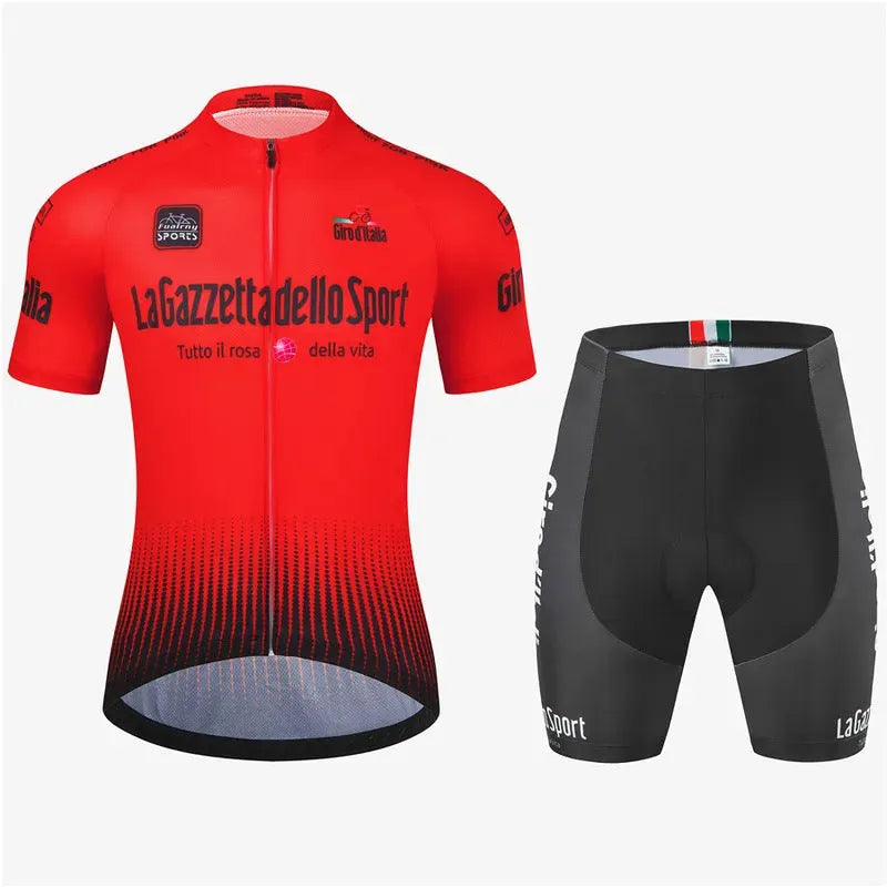 Cycling jersey and shorts set in polyester fabric for men and women, shown in available colours.