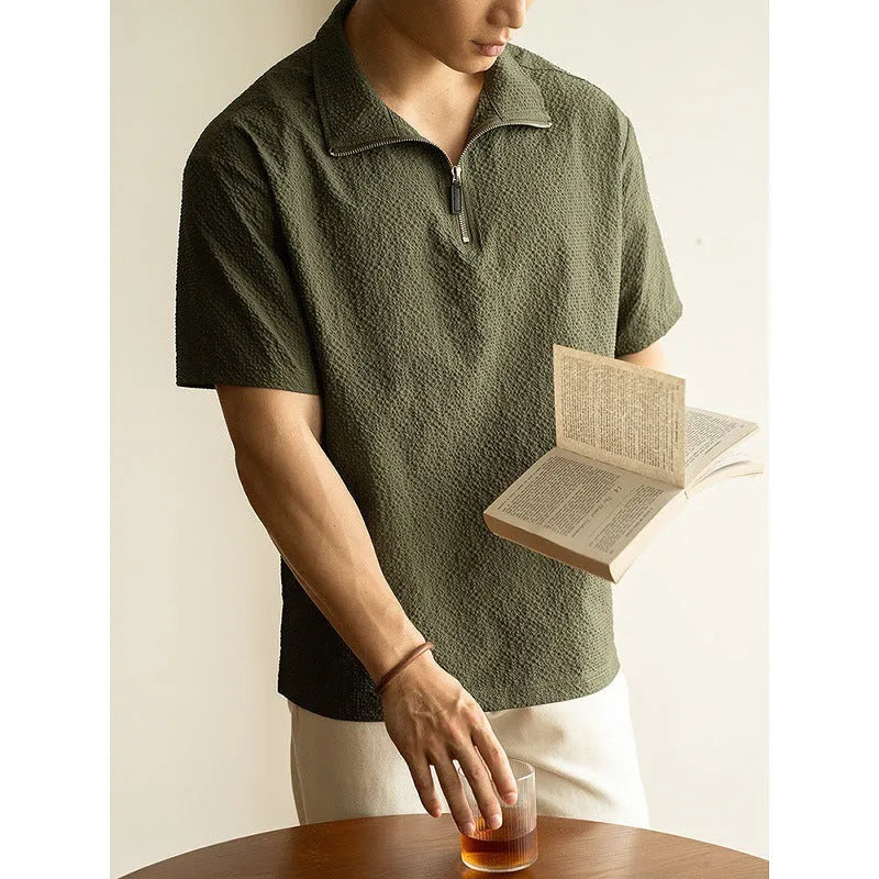 American quick-drying ice silk polyester short sleeve shirt in cedar green, loose fit, summer casual style