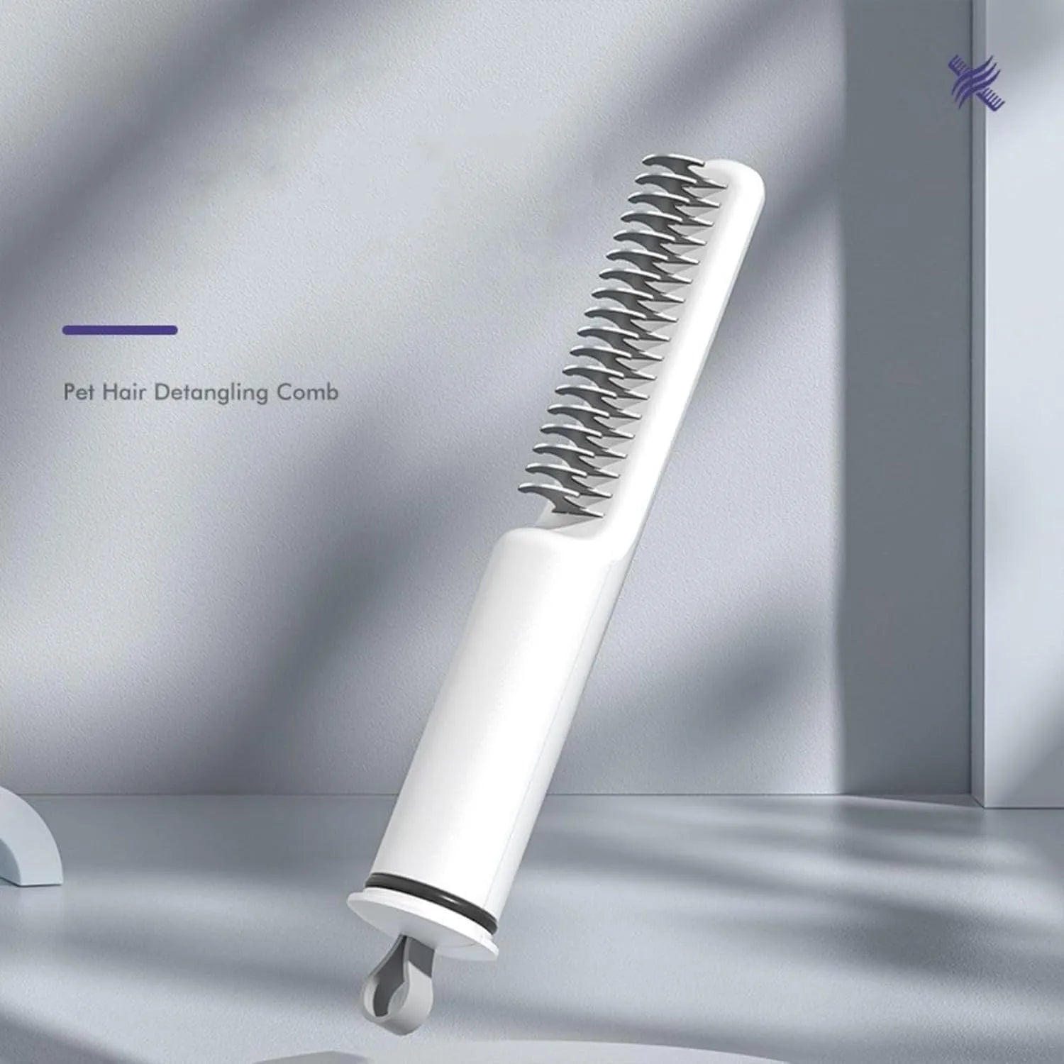 Stainless steel pet dematting comb with rake teeth and a handle for grooming dogs.