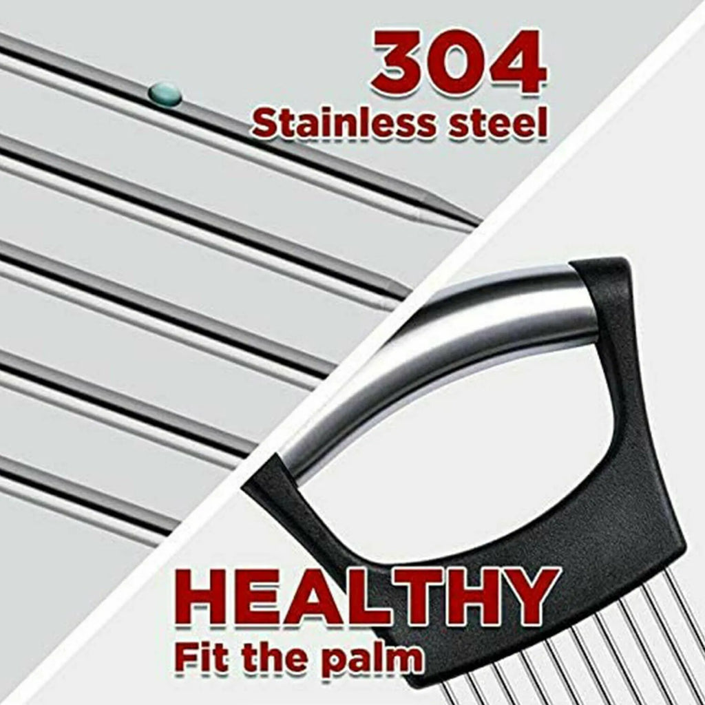 Stainless steel onion holder slicer with non-slip base on a kitchen counter, holding a tomato for slicing