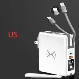 Black and white 10000mAh power bank with wireless charging surface and foldable plug