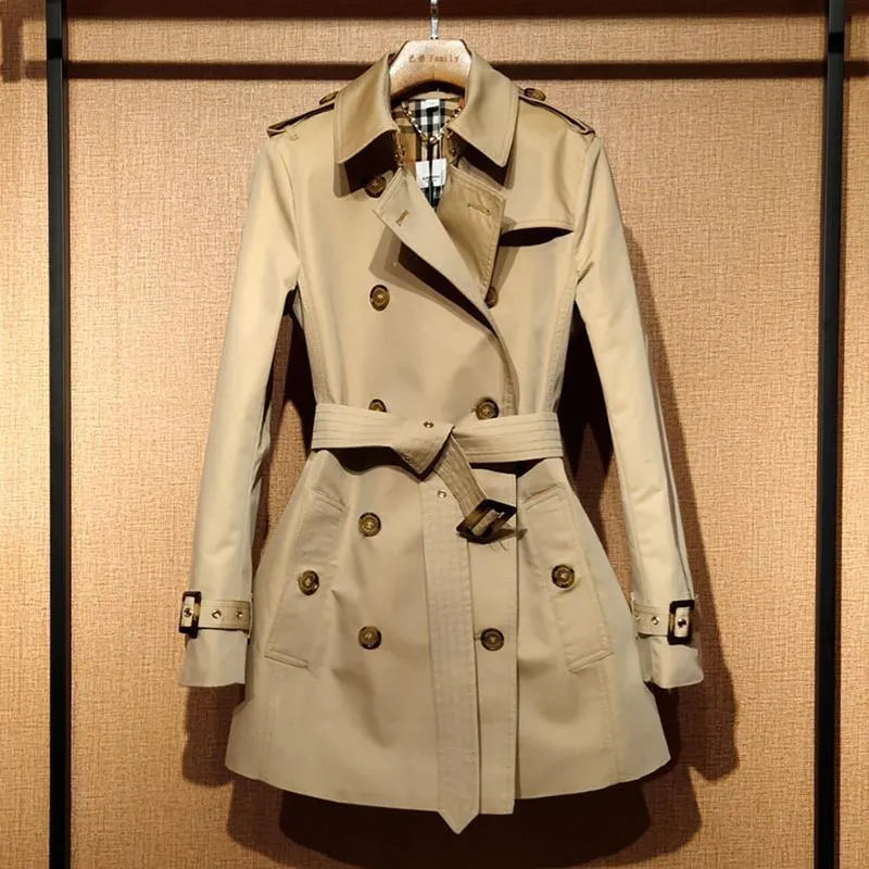 Khaki women's double-breasted polyester trench coat with flight sleeves.