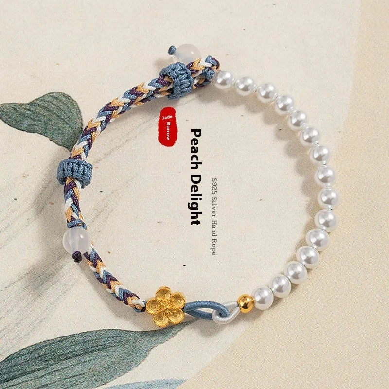 Colourful woven cord strap with electroplated finish, pearls, and flowers in Peach You Are Happy colour