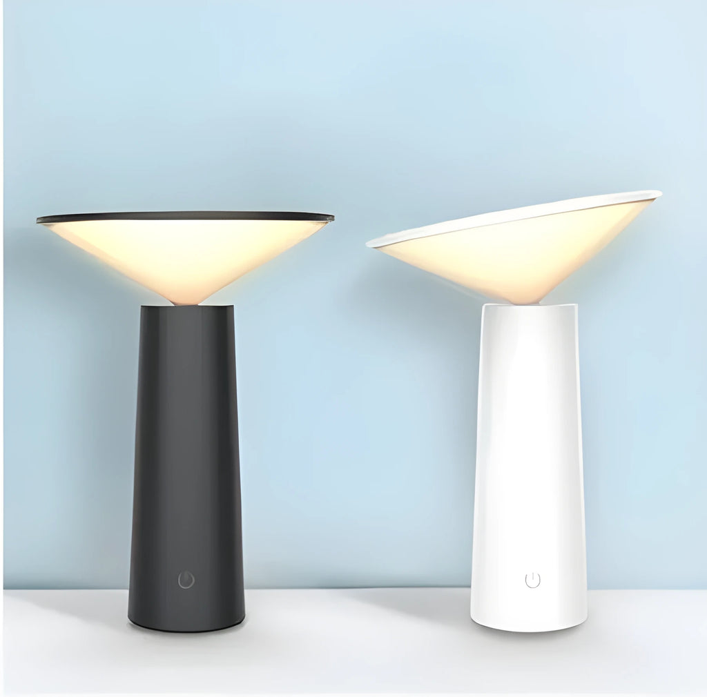 Black or white USB rechargeable LED desk lamp with touch sensor and adjustable head on a desk.